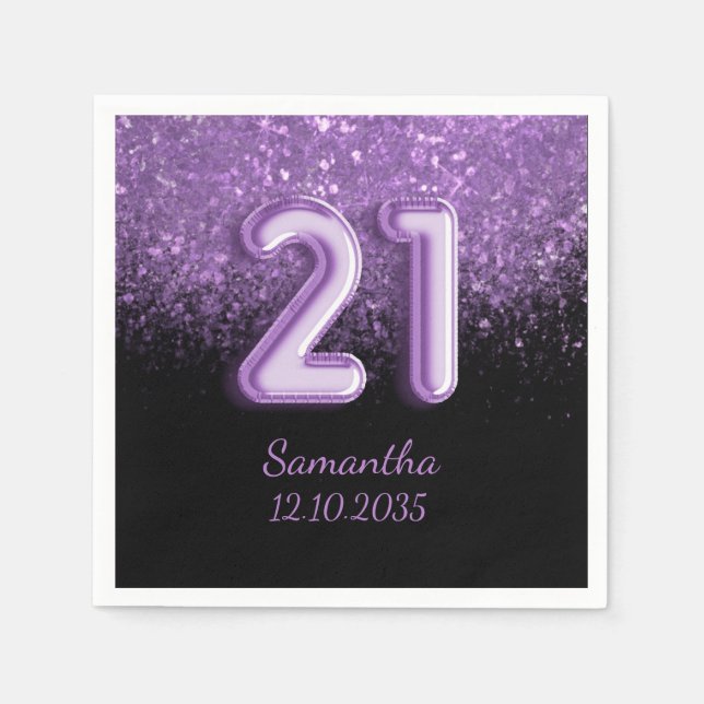 Trendig svart och lila glitter 21-årsfest pappersservett (Framsidan)