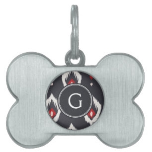 Trendig svart och röd ikat tribal mönster monogram ID-bricka husdjur