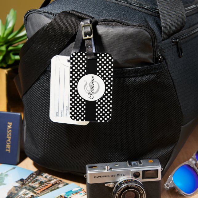 Trendig svart och vit prickig monogram bagagebricka (Framsida & Baksida)