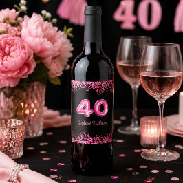 Trendig svart rosa glitter 40-års födelsedag vinflaska etikett