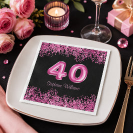 Trendig svart rosa glitter 40-års födelsedagsfest pappersservett