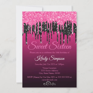 Trendig svart rosa glitter Sweet Sixteen-fest Inbjudningar