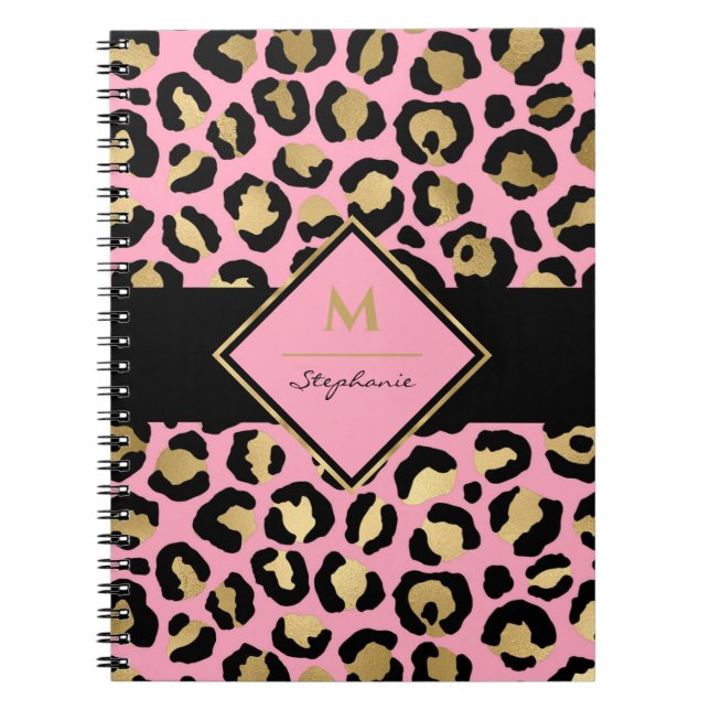 Trendig svart rosa och guld leopardtryck | Monogra Anteckningsbok (Framsidan)