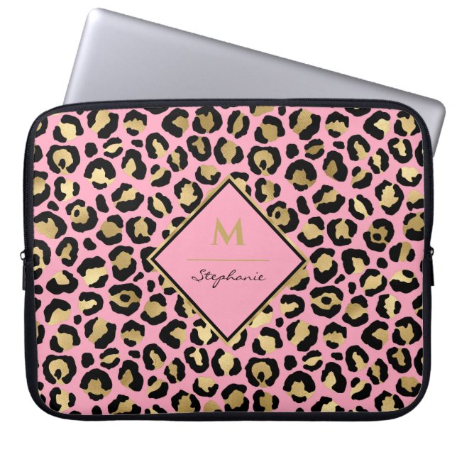 Trendig svart rosa och guld leopardtryck | Monogra Laptop Fodral (Framsidan)