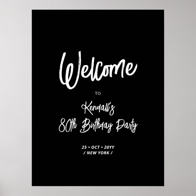 Trendig svart välkomstskylt för 80-årsfest  poster (Framsidan)