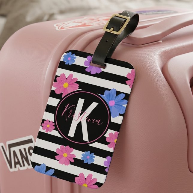 Trendig svart-vit randig rosa blå blommig design bagagebricka (Skapare uppladdad)