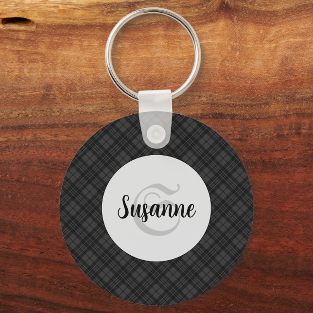 Trendig svart vit tartan Personalisera Monogram Nyckelring (Framsida)