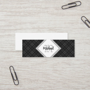 Trendig svart vit tartan Personlig monogram Mini Visitkort