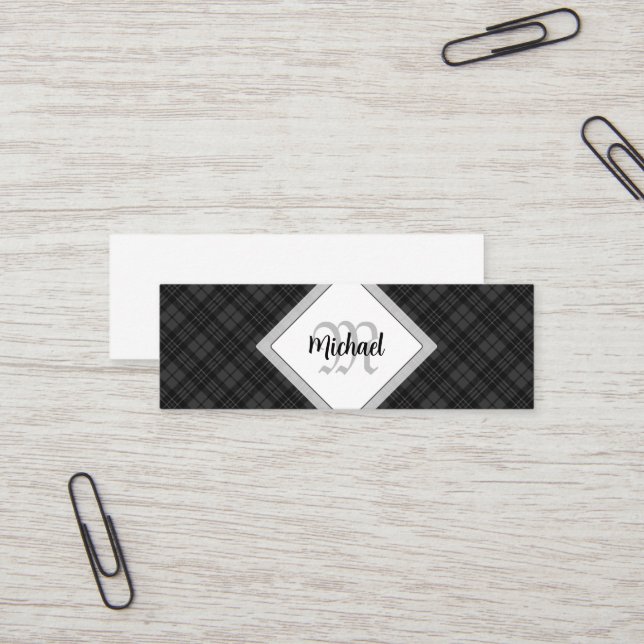 Trendig svart vit tartan Personlig monogram Mini Visitkort (Fram/Back In Situ)