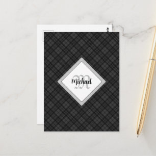 Trendig svart vit tartan Personlig monogram Vykort