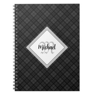 Trendig Svartvit tartan Personalize Monogram Anteckningsbok