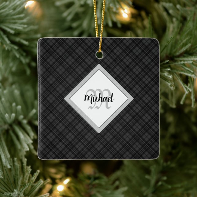 Trendig Svartvit tartan Personalize Monogram Julgransprydnad Keramik (Träd)