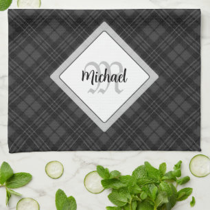 Trendig Svartvit tartan Personalize Monogram Kökshandduk