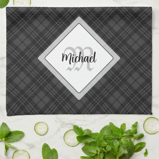 Trendig Svartvit tartan Personalize Monogram Kökshandduk (Vikta)