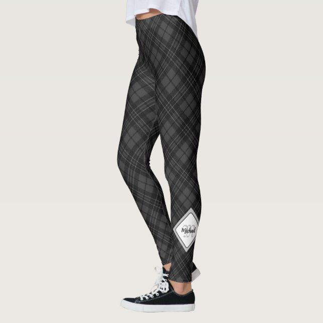 Trendig Svartvit tartan Personalize Monogram Leggings (Vänster)