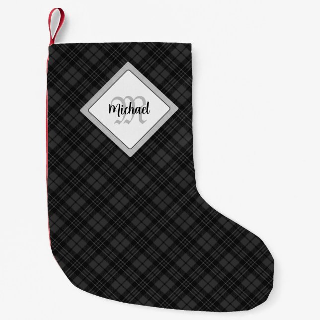 Trendig Svartvit tartan Personalize Monogram Liten Julstrumpa (Framsidan)