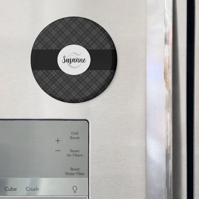 Trendig Svartvit tartan Personalize Monogram Magnet (In Situ (Fridge))