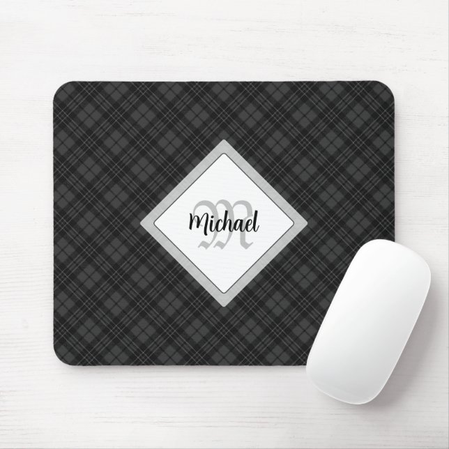 Trendig Svartvit tartan Personalize Monogram Musmatta (Med mus)