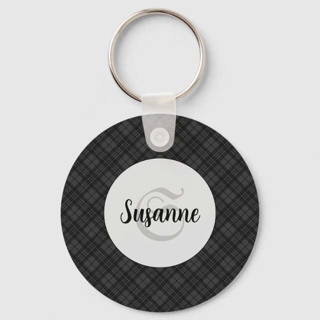 Trendig Svartvit tartan Personalize Monogram Nyckelring (Framsida)