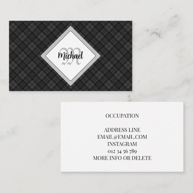 Trendig Svartvit tartan Personalize Monogram Visitkort (Fram/baksida)