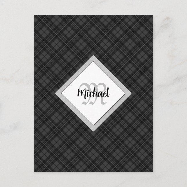 Trendig Svartvit tartan Personalize Monogram Vykort (Framsida)