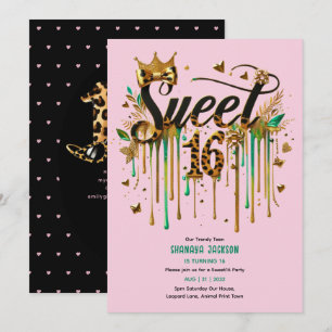 Trendig Sweet 16 Leopard Print Grönt Rosa Guld Inbjudningar