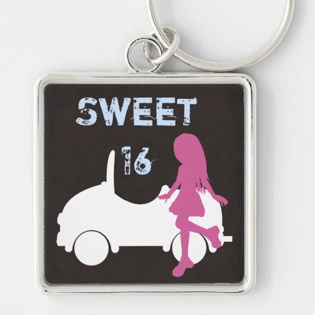 Trendig Sweet 16 Silhouette Girl and Car Fyrkantig Silverfärgad Nyckelring (Framsidan)