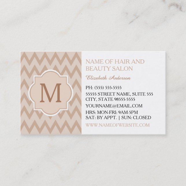 Trendig Tan Chevron Zigzag Monogram Hair Salon Visitkort (Framsida)