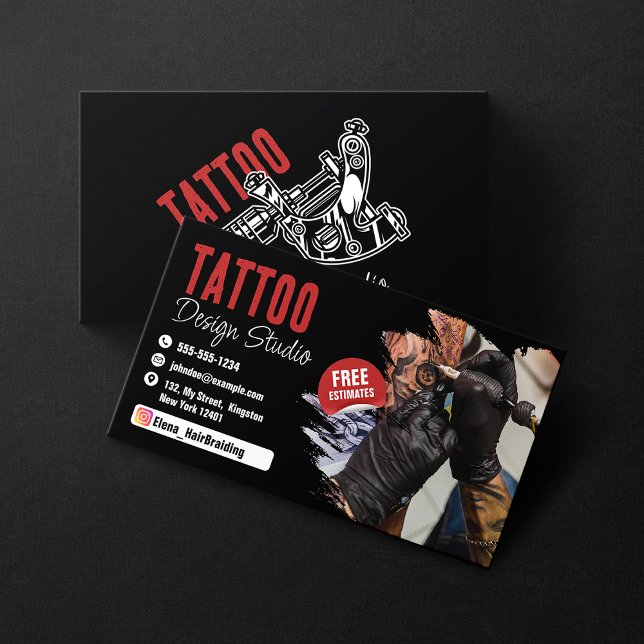 Trendig tatuerarstudio svart och röd visitkort (Skapare uppladdad)