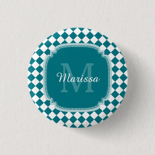 Trendig Teal and White Checkmed monogrammed Namn Knapp