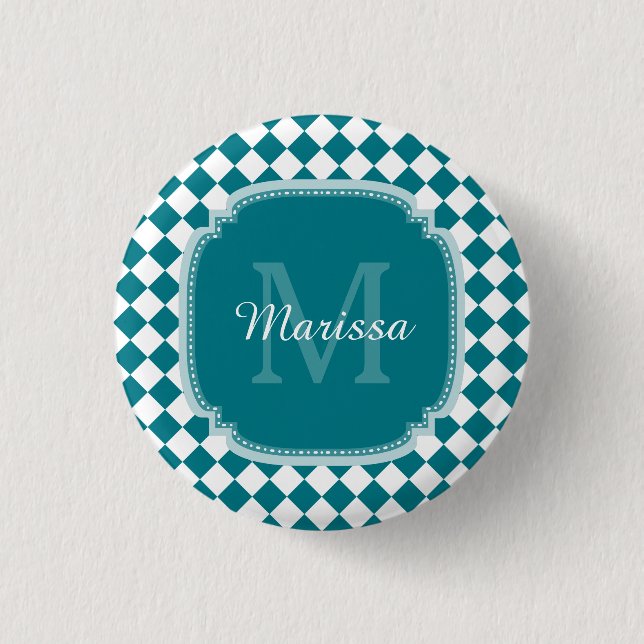 Trendig Teal and White Checkmed monogrammed Namn Knapp (Framsida)