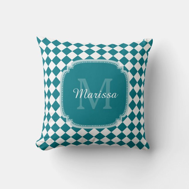 Trendig Teal and White Checkmed monogrammed Namn Kudde (Framsida)