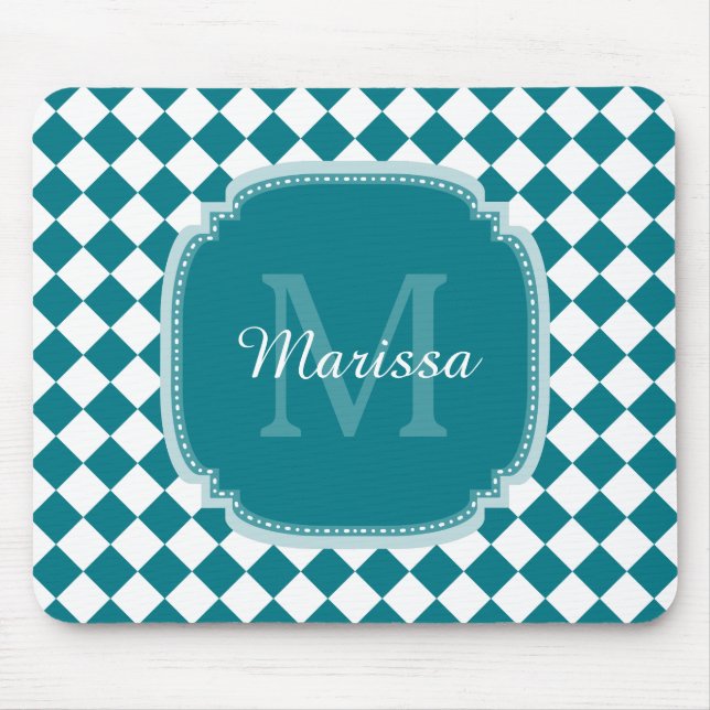 Trendig Teal and White Checkmed monogrammed Namn Musmatta (Framsidan)
