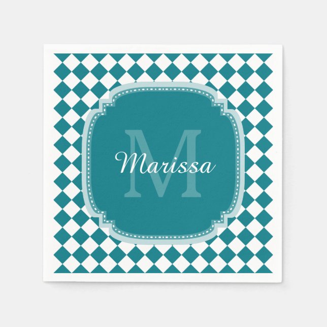 Trendig Teal and White Checkmed monogrammed Namn Pappersservett (Framsidan)