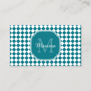 Trendig Teal and White Checkmed monogrammed Namn Visitkort