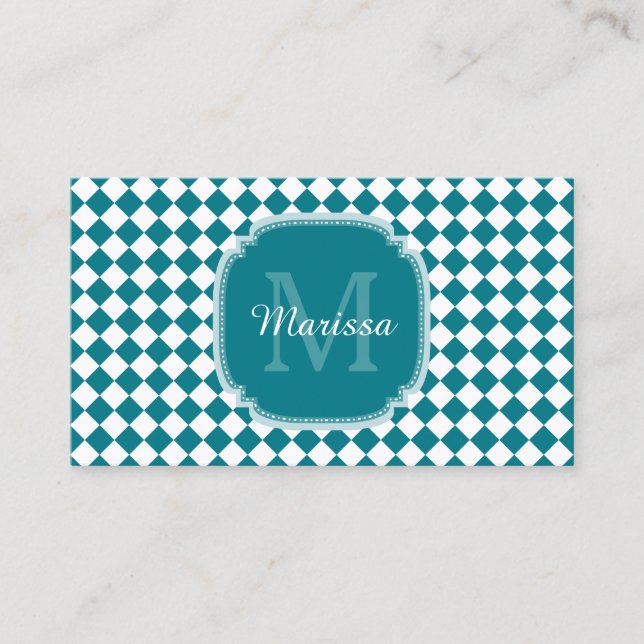 Trendig Teal and White Checkmed monogrammed Namn Visitkort (Framsida)