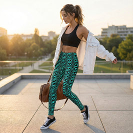 Trendig Teal & Black Op Art Geometric Mönster Leggings