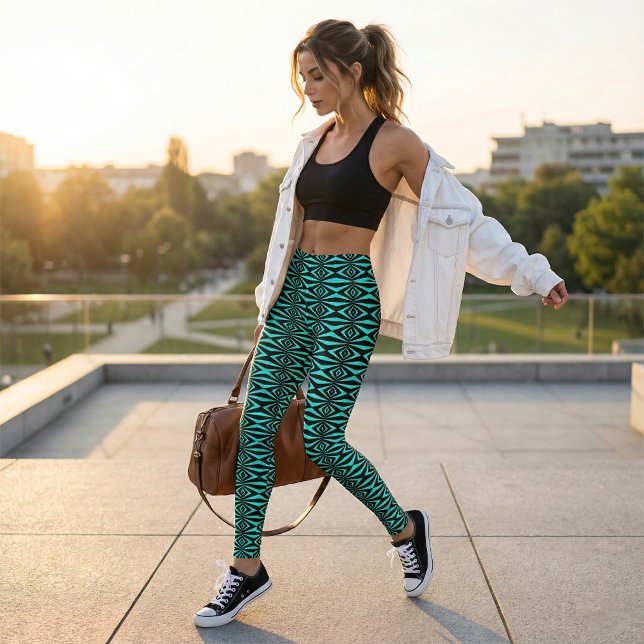 Trendig Teal & Black Op Art Geometric Mönster Leggings (Skapare uppladdad)