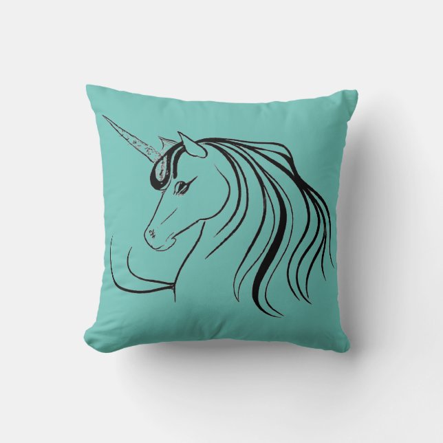 Trendig Teal Blue Unicorn Line Cushion Pillow Kudde (Framsida)