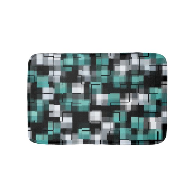 Trendig Teal Grön Blå Svart Vit Abstrakt Plaid Badrumsmatta (Framsidan)