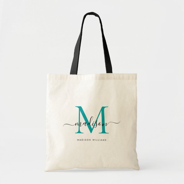 Trendig Teal Grön Svart Monogram Initial Skriptnam Tygkasse (Framsidan)