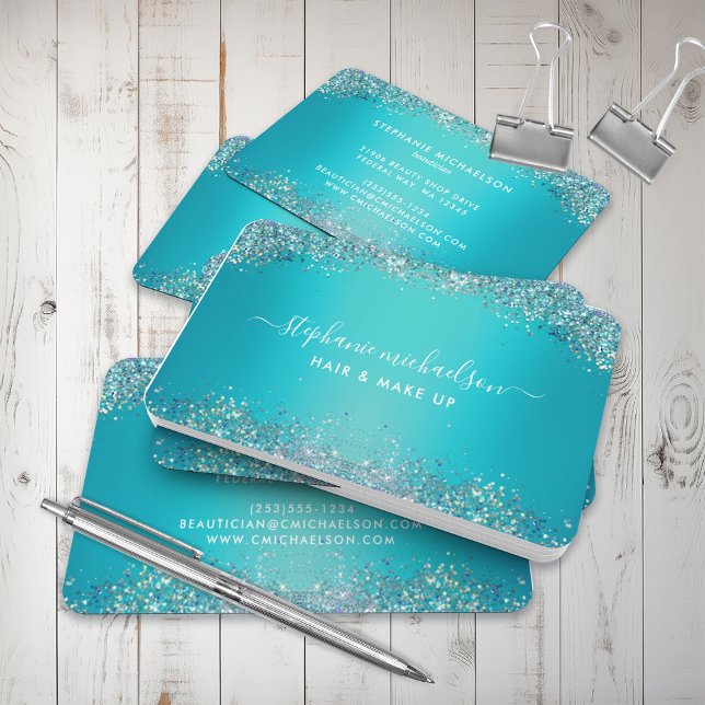Trendig Teal Holography Glitter Hair Makeup Salon Visitkort (Trendy Teal Holographic Glitter Hair Makeup Salon Business Card)