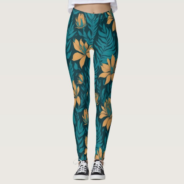 Trendig Teal Löv Orange Tropiskt Blommönster Leggings (Framsida)