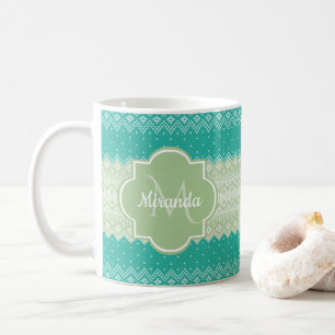 Trendig Teal Neo Mint Grönt Sticka Mönster och N Kaffemugg