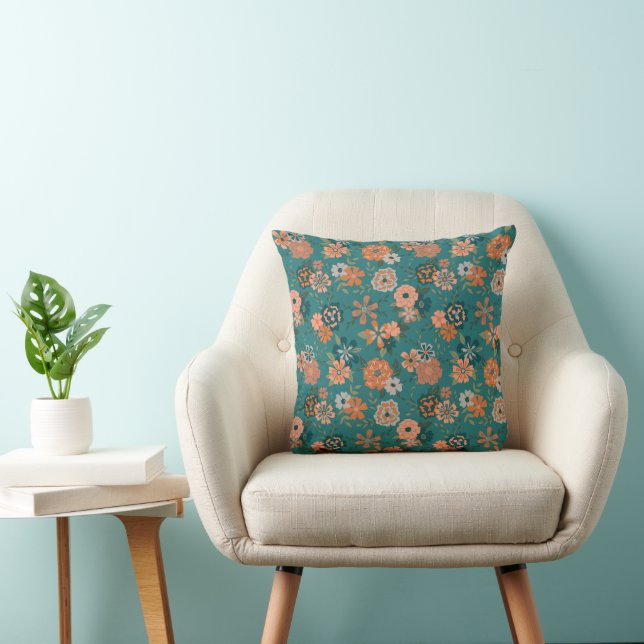 Trendig Teal Orange Flowers Kudde (Stol)