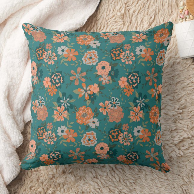 Trendig Teal Orange Flowers Kudde (Filt)