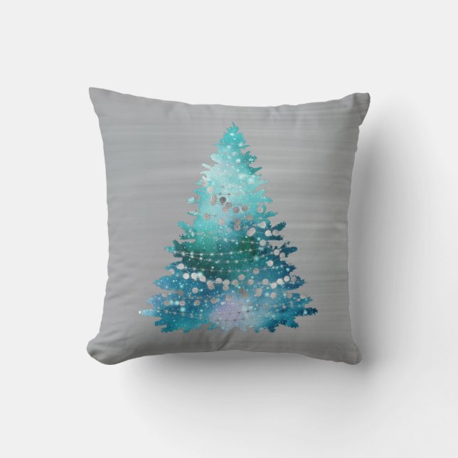 Trendig Teal Silver Glitter Träd jul Kudde (Framsida)