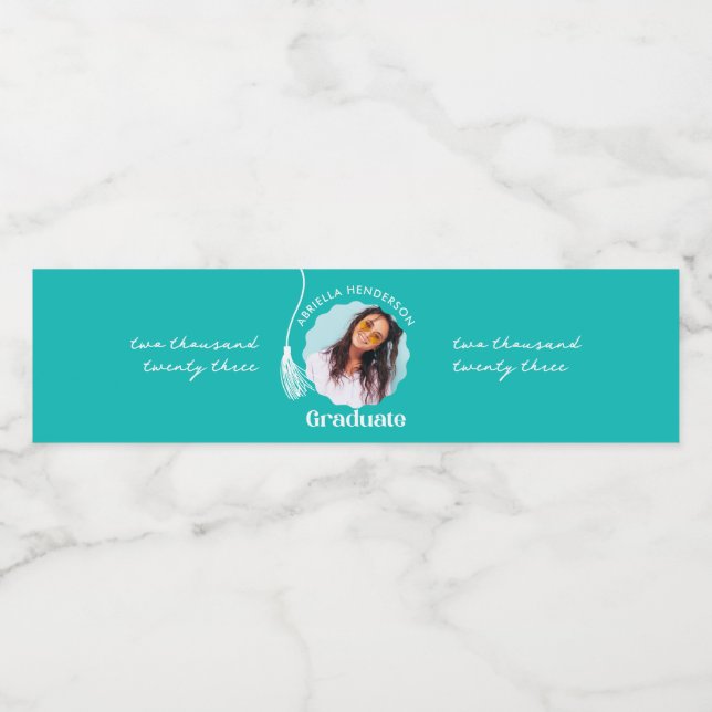 Trendig Teal Studenten Photo Vattenflaskor Etikett (Singel etikett)