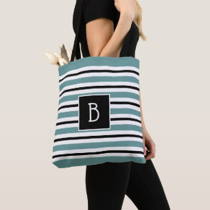 Trendig Teal, Svart Vit Rand Monogram Tygkasse