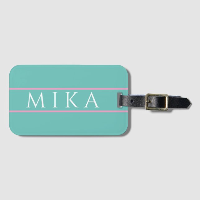 Trendig Teal with Ljus rosa Linjer, DIY Namn Bagagebricka (Framsida horisontal)